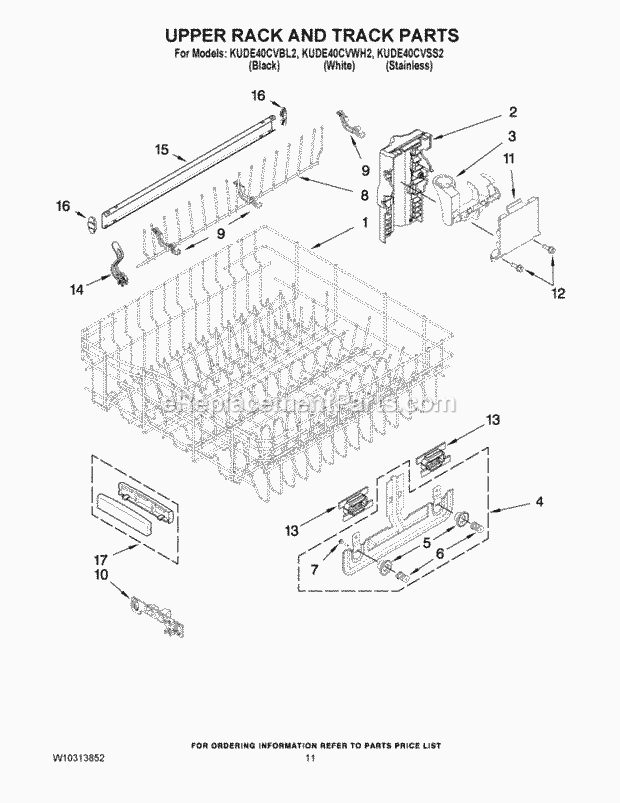 KitchenAid KUDE40CVBL2 Dishwasher Upper Rack and Track Parts Diagram