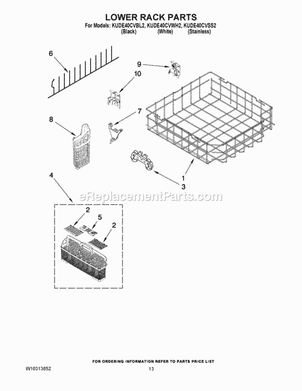 KitchenAid KUDE40CVBL2 Dishwasher Lower Rack Parts Diagram