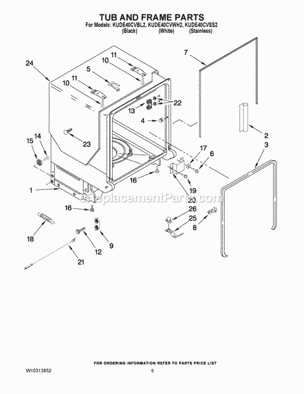 KitchenAid KUDE40CVBL2 Dishwasher Tub and Frame Parts Diagram