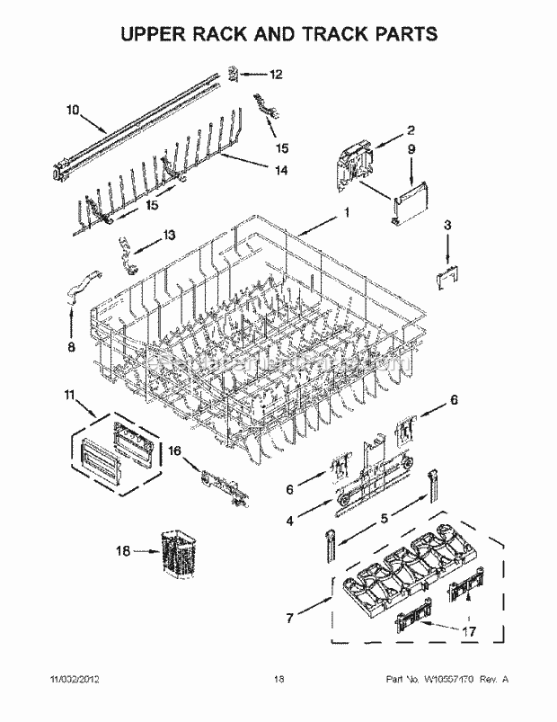 KitchenAid KUDE40FXBL6 Dishwasher Upper Rack and Track Parts Diagram