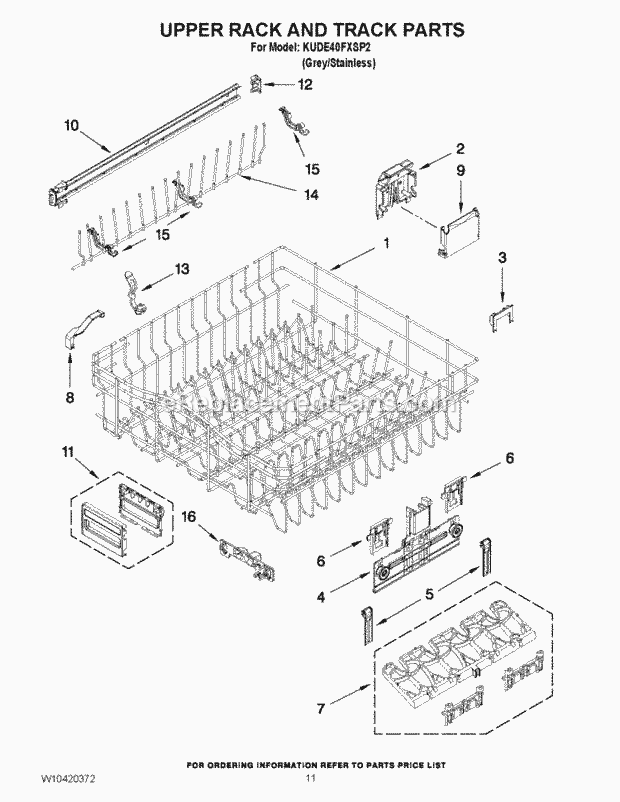 KitchenAid KUDE40FXSP2 Dishwasher Upper Rack and Track Parts Diagram