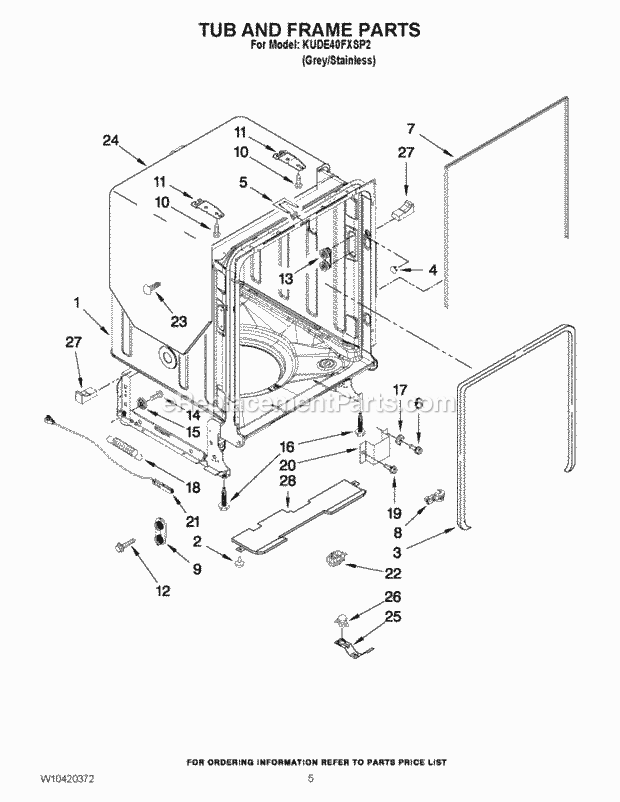 KitchenAid KUDE40FXSP2 Dishwasher Tub and Frame Parts Diagram