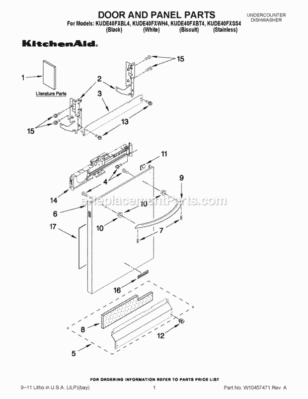 KitchenAid KUDE40FXSS4 Dishwasher Door and Panel Parts Diagram