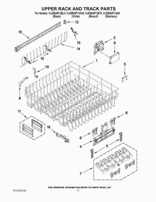 KitchenAid KUDE40FXWH0 Dishwasher Upper Rack and Track Parts Diagram