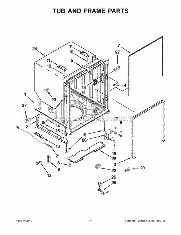 KitchenAid KUDE40FXWH6 Dishwasher Tub and Frame Parts Diagram