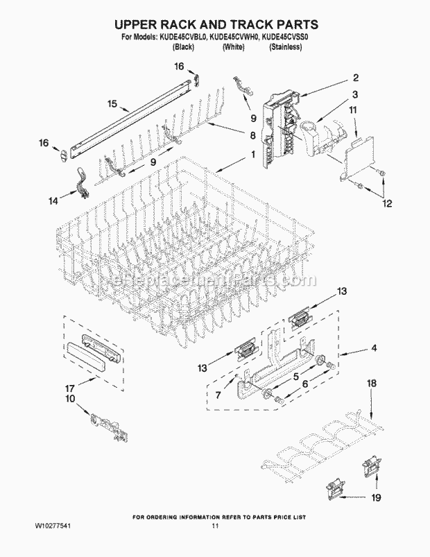 KitchenAid KUDE45CVBL0 Dishwasher Upper Rack and Track Parts Diagram