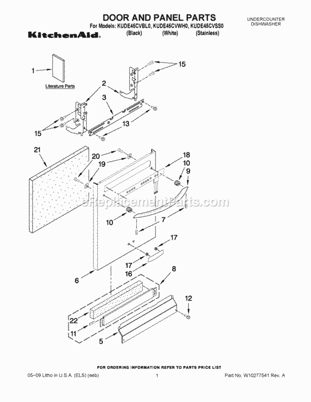 KitchenAid KUDE45CVBL0 Dishwasher Door and Panel Parts Diagram