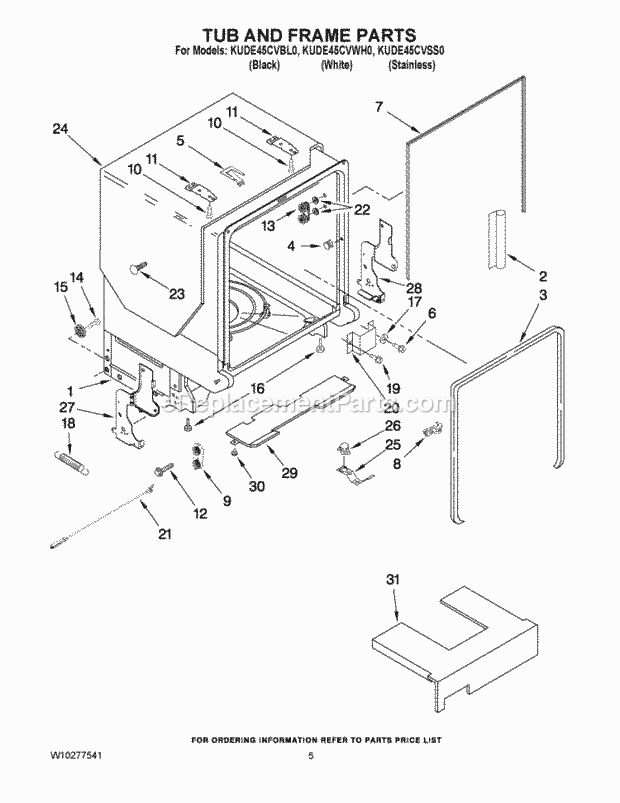 KitchenAid KUDE45CVBL0 Dishwasher Tub and Frame Parts Diagram