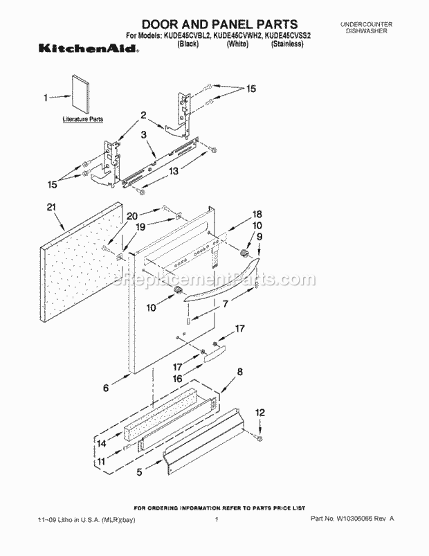 KitchenAid KUDE45CVWH2 Dishwasher Door and Panel Parts Diagram