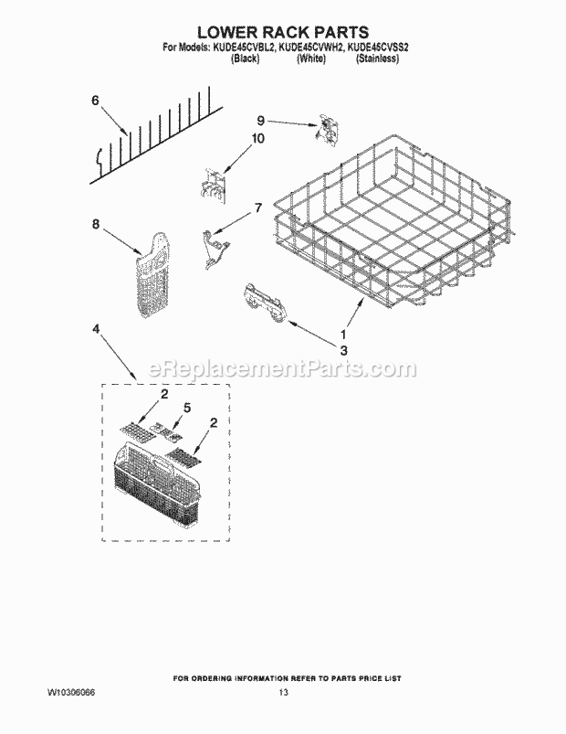 KitchenAid KUDE45CVWH2 Dishwasher Lower Rack Parts Diagram