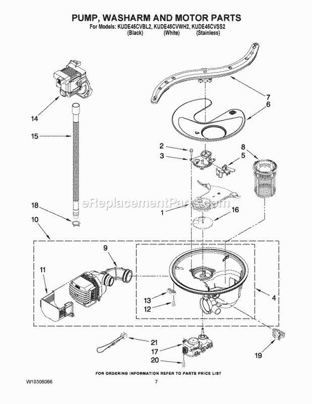 KitchenAid KUDE45CVWH2 Dishwasher Pump, Washarm and Motor Parts Diagram