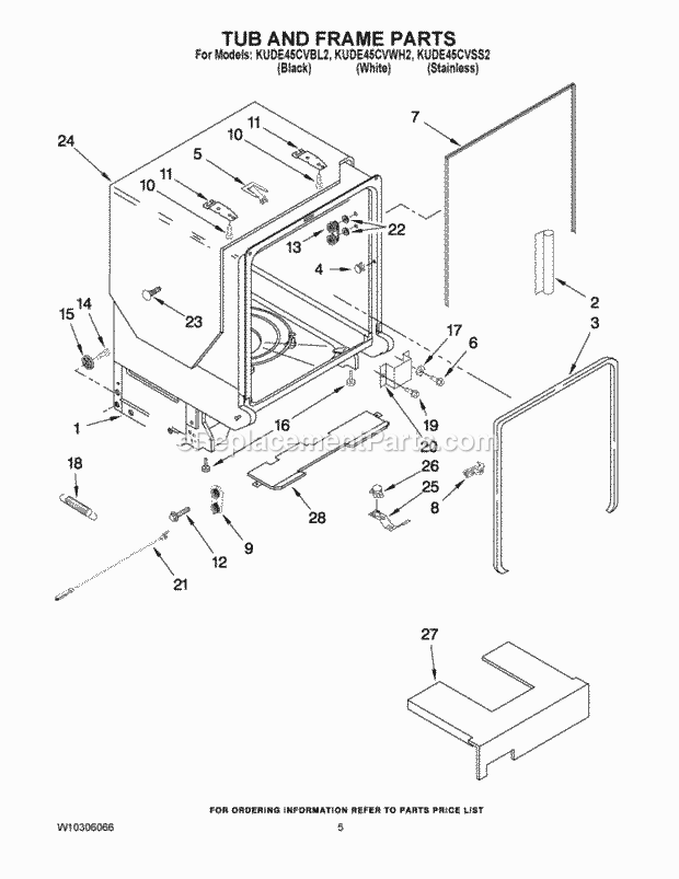 KitchenAid KUDE45CVWH2 Dishwasher Tub and Frame Parts Diagram