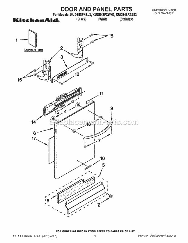KitchenAid KUDE48FXBL3 Dishwasher Door and Panel Parts Diagram
