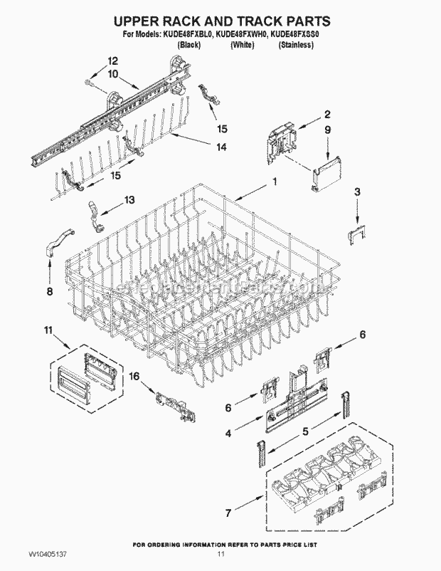KitchenAid KUDE48FXWH0 Dishwasher Upper Rack and Track Parts Diagram