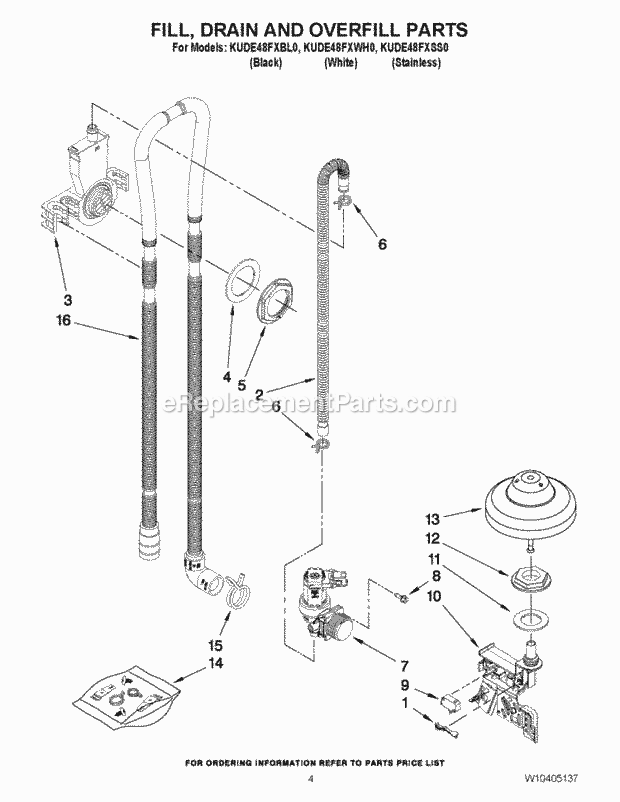 KitchenAid KUDE48FXWH0 Dishwasher Fill, Drain and Overfill Parts Diagram