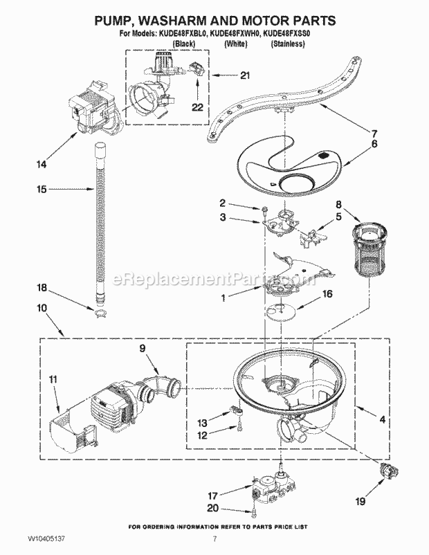 KitchenAid KUDE48FXWH0 Dishwasher Pump, Washarm and Motor Parts Diagram