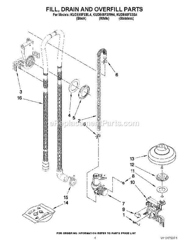 KitchenAid KUDE48FXWH4 Dishwasher Fill, Drain and Overfill Parts Diagram
