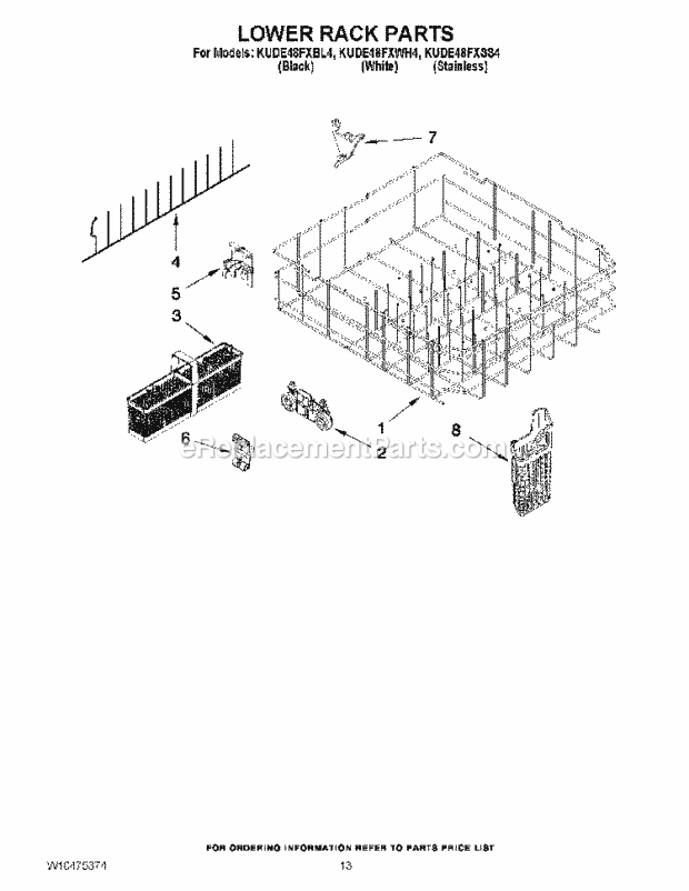 KitchenAid KUDE48FXWH4 Dishwasher Lower Rack Parts Diagram