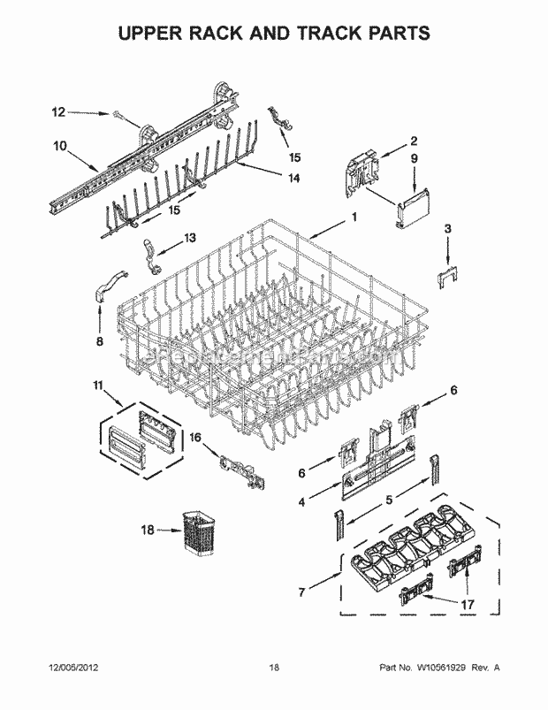 KitchenAid KUDE48FXWH5 Dishwasher Upper Rack and Track Parts Diagram