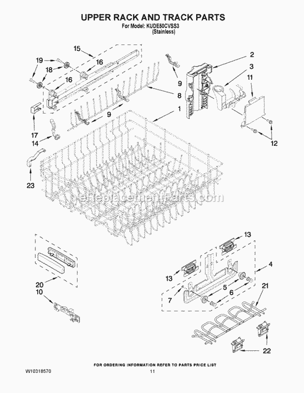 KitchenAid KUDE50CVSS3 Dishwasher Upper Rack and Track Parts Diagram