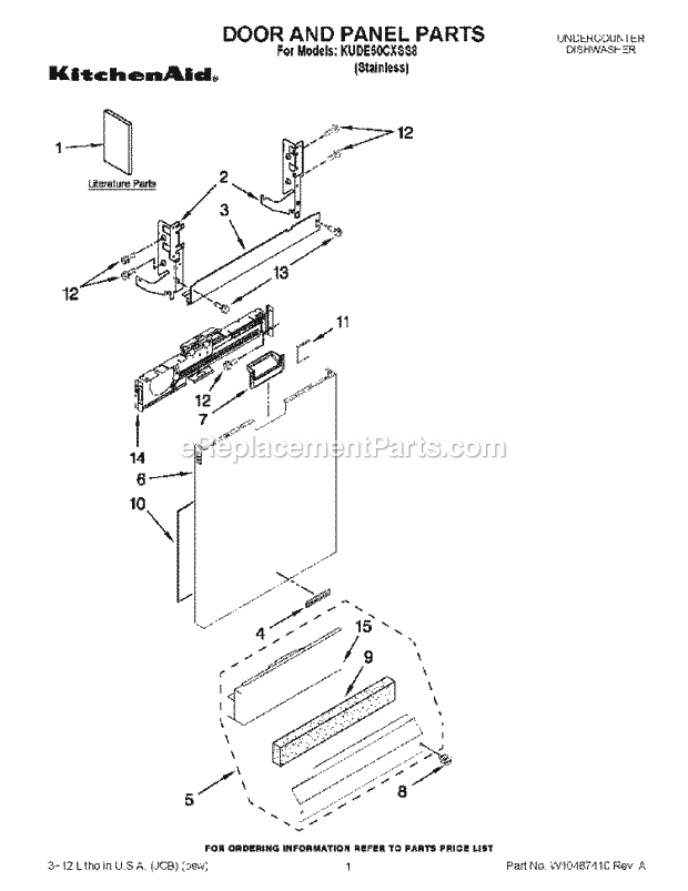 KitchenAid KUDE50CXSS8 Dishwasher Door and Panel Parts Diagram