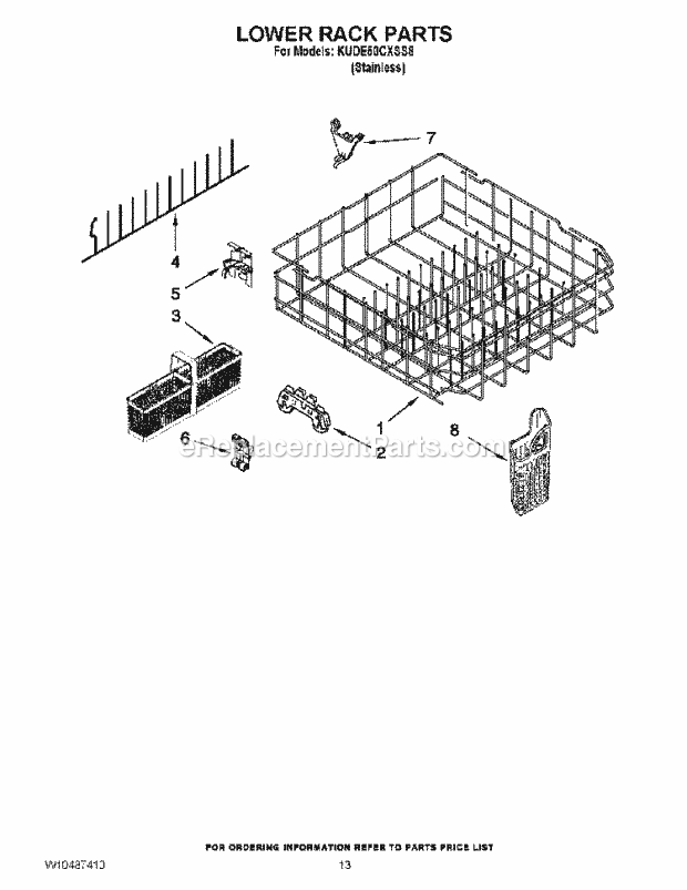 KitchenAid KUDE50CXSS8 Dishwasher Lower Rack Parts Diagram