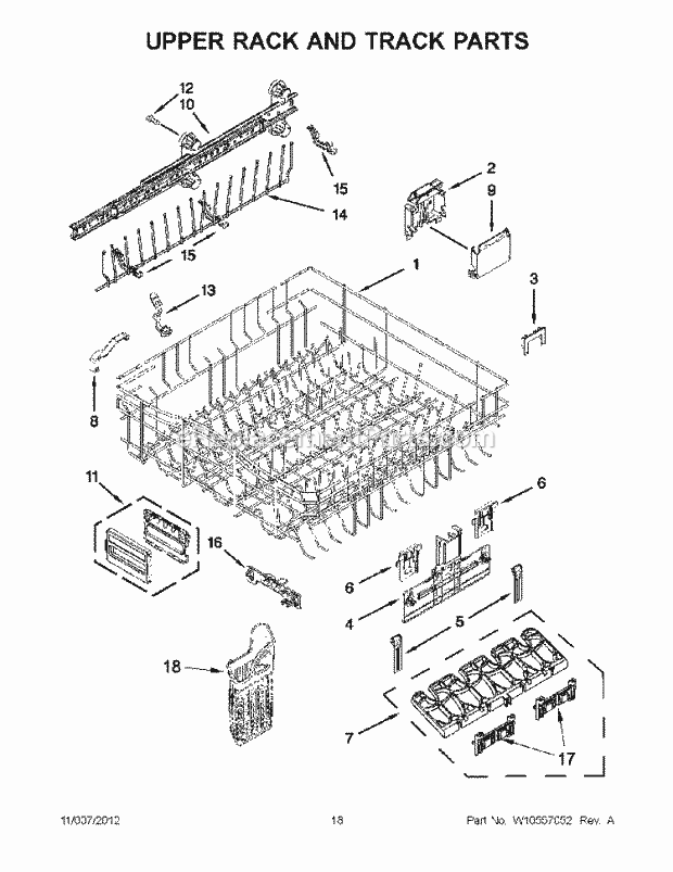KitchenAid KUDE50CXSS9 Dishwasher Upper Rack and Track Parts Diagram