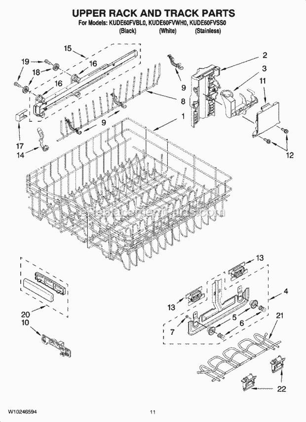 KitchenAid KUDE60FVBL0 Dishwasher Upper Rack and Track Parts Diagram