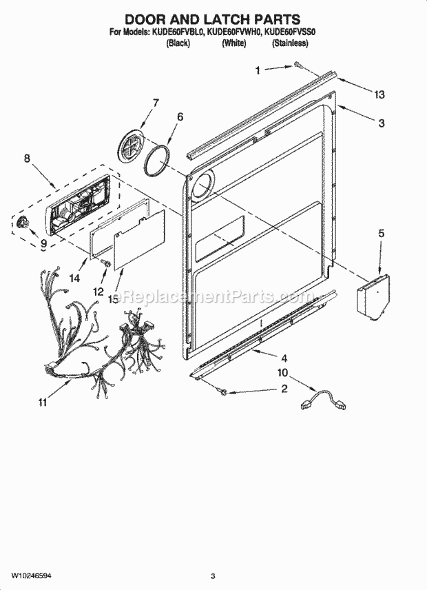 KitchenAid KUDE60FVBL0 Dishwasher Door and Latch Parts Diagram