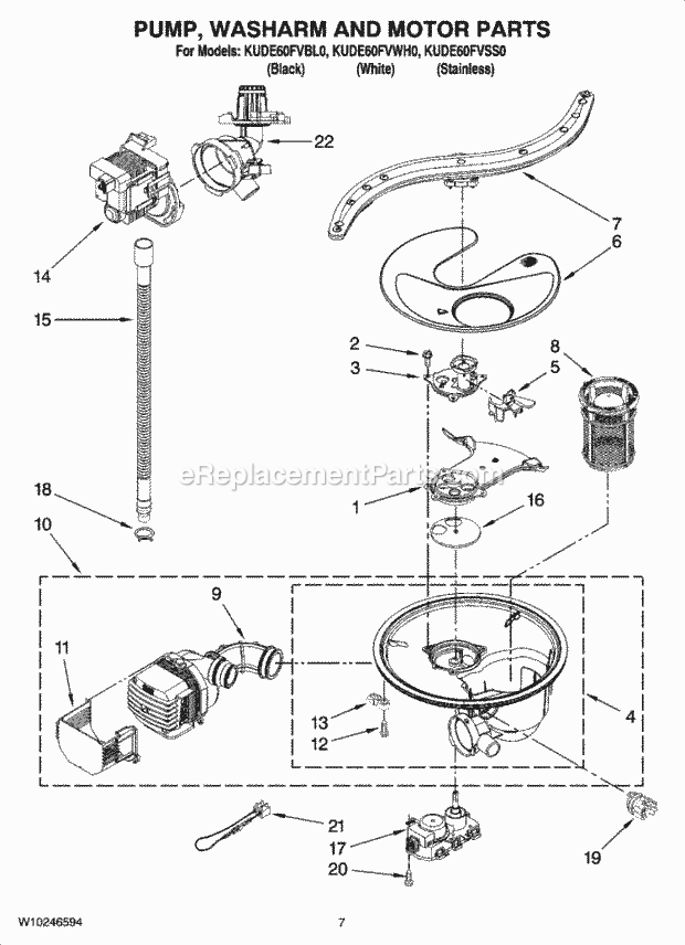 KitchenAid KUDE60FVBL0 Dishwasher Pump, Washarm and Motor Parts Diagram