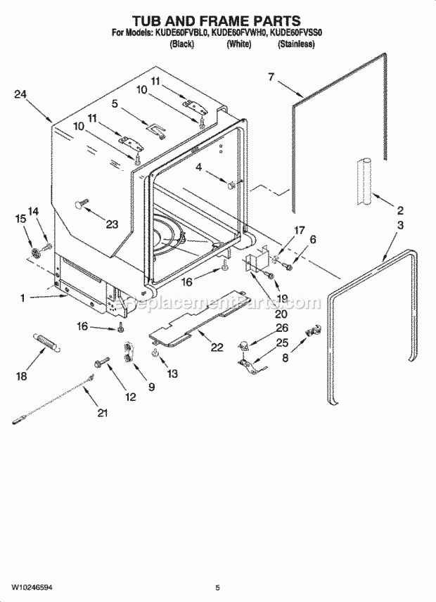 KitchenAid KUDE60FVBL0 Dishwasher Tub and Frame Parts Diagram