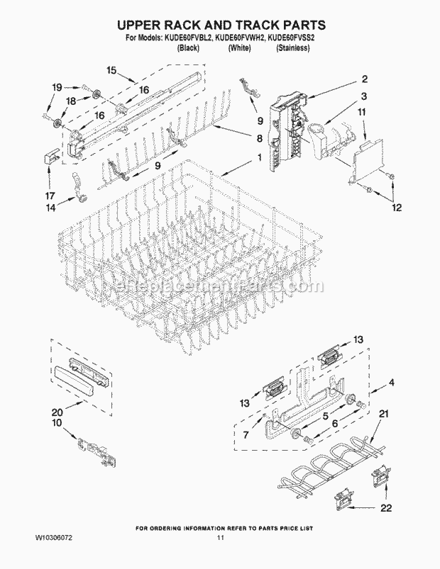 KitchenAid KUDE60FVBL2 Dishwasher Upper Rack and Track Parts Diagram