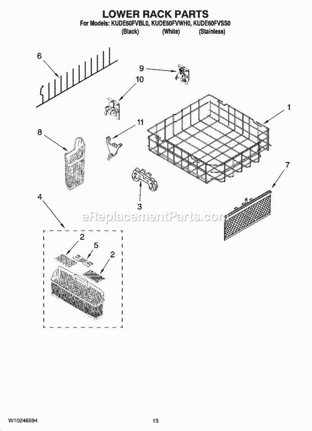 KitchenAid KUDE60FVSS0 Dishwasher Lower Rack Parts Diagram