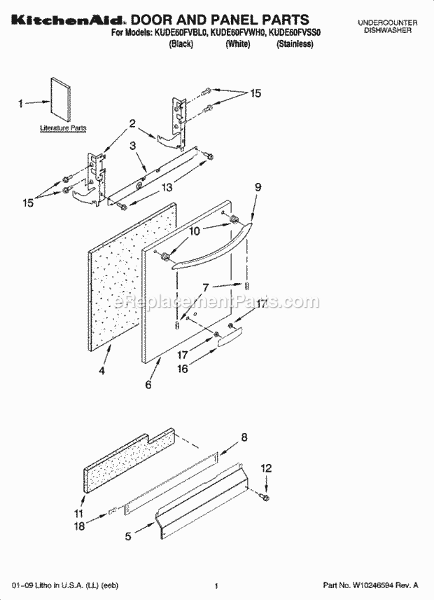 KitchenAid KUDE60FVWH0 Dishwasher Door and Panel Parts Diagram