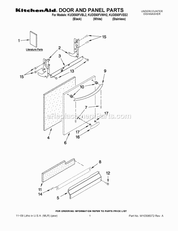 KitchenAid KUDE60FVWH2 Dishwasher Door and Panel Parts Diagram