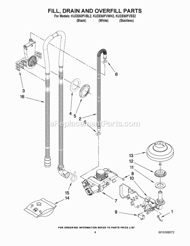 KitchenAid KUDE60FVWH2 Dishwasher Fill, Drain and Overfill Parts Diagram