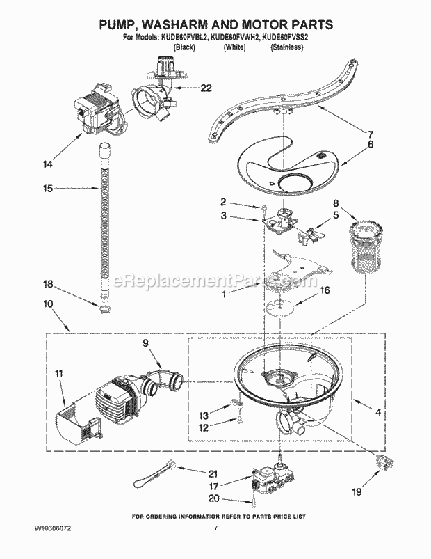 KitchenAid KUDE60FVWH2 Dishwasher Pump, Washarm and Motor Parts Diagram