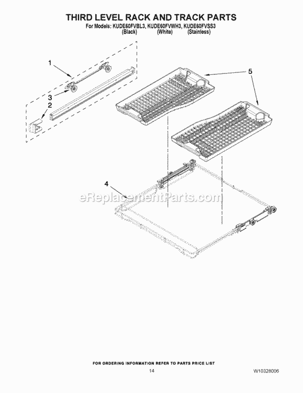 KitchenAid KUDE60FVWH3 Dishwasher Third Level Rack and Track Parts Diagram