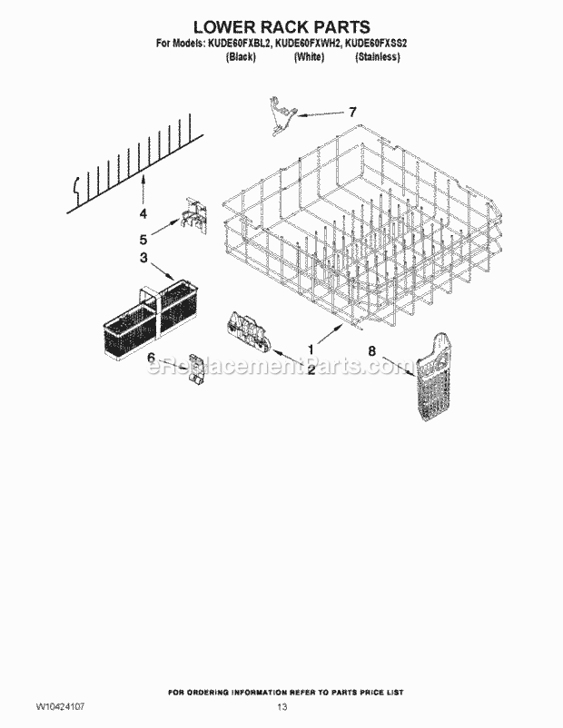 KitchenAid KUDE60FXSS2 Dishwasher Lower Rack Parts Diagram