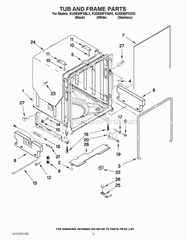 KitchenAid KUDE60FXWH3 Dishwasher Tub and Frame Parts Diagram