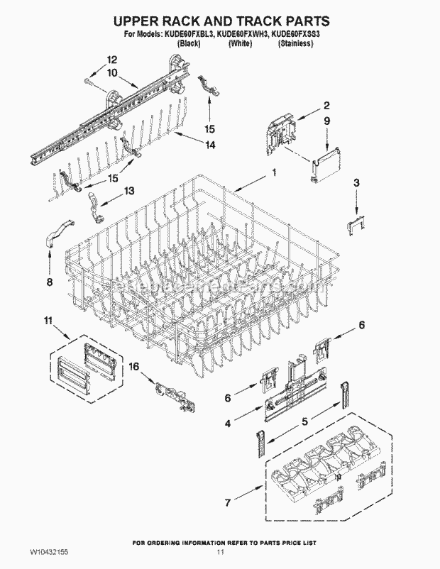 KitchenAid KUDE60FXWH3 Dishwasher Upper Rack and Track Parts Diagram