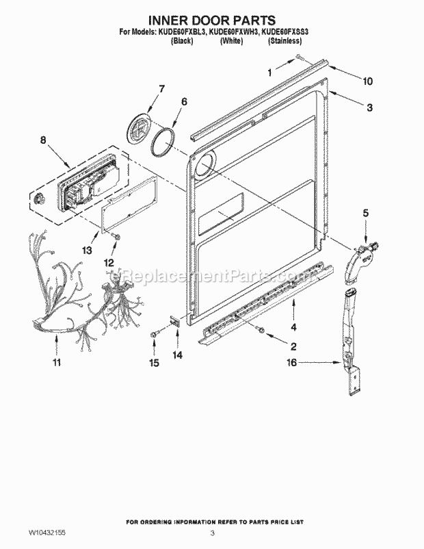 KitchenAid KUDE60FXWH3 Dishwasher Inner Door Parts Diagram