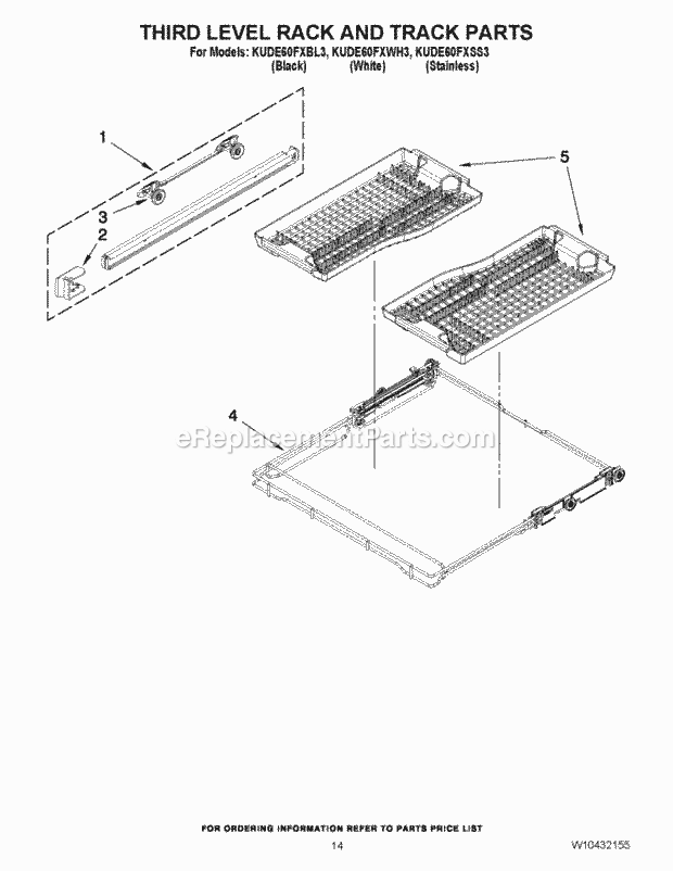 KitchenAid KUDE60FXWH3 Dishwasher Third Level Rack and Track Parts Diagram