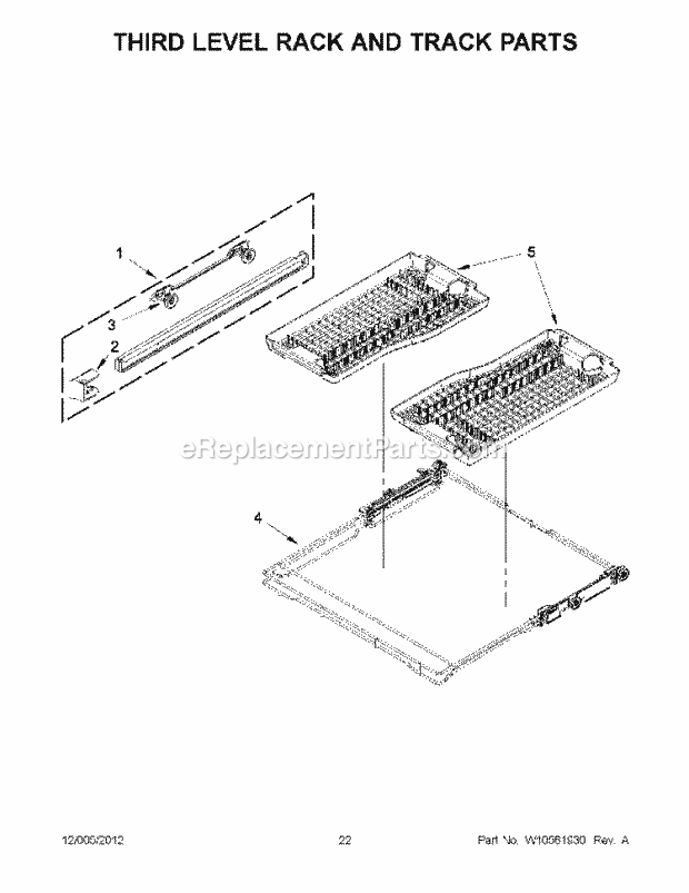 KitchenAid KUDE60FXWH5 Dishwasher Third Level Rack and Track Parts Diagram