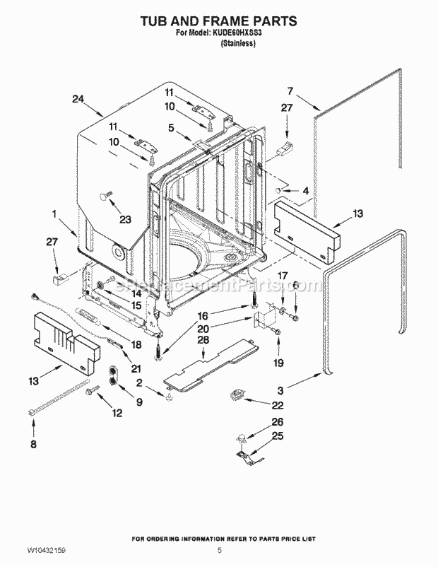 KitchenAid KUDE60HXSS3 Dishwasher Tub and Frame Parts Diagram