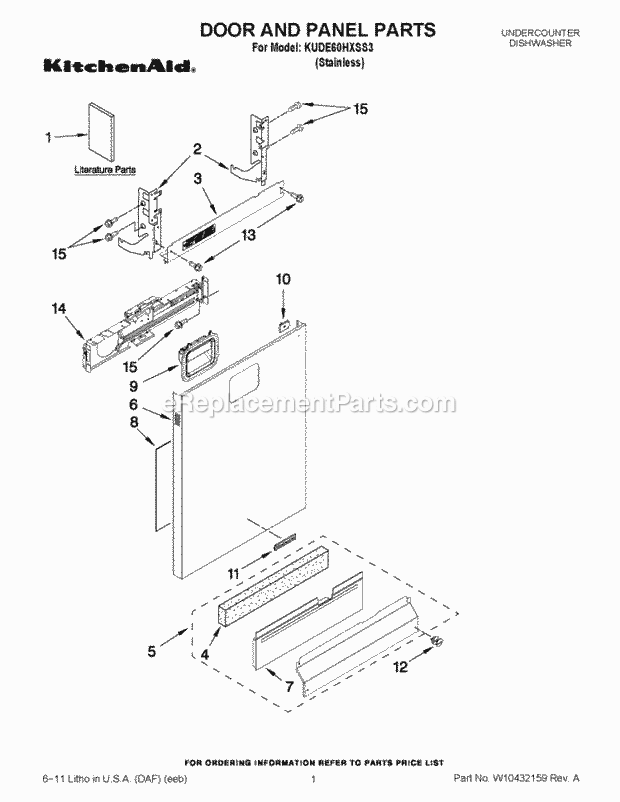 KitchenAid KUDE60HXSS3 Dishwasher Door and Panel Parts Diagram