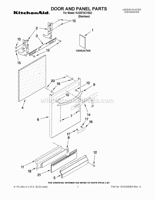 KitchenAid KUDE70CVSS3 Dishwasher Door and Panel Parts Diagram