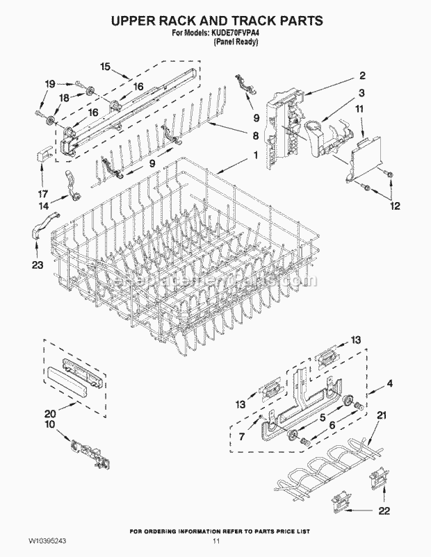 KitchenAid KUDE70FVPA4 Dishwasher Upper Rack and Track Parts Diagram
