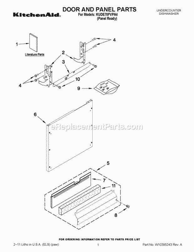 KitchenAid KUDE70FVPA4 Dishwasher Door and Panel Parts Diagram