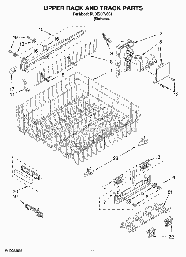 KitchenAid KUDE70FVSS1 Dishwasher Upper Rack and Track Parts Diagram